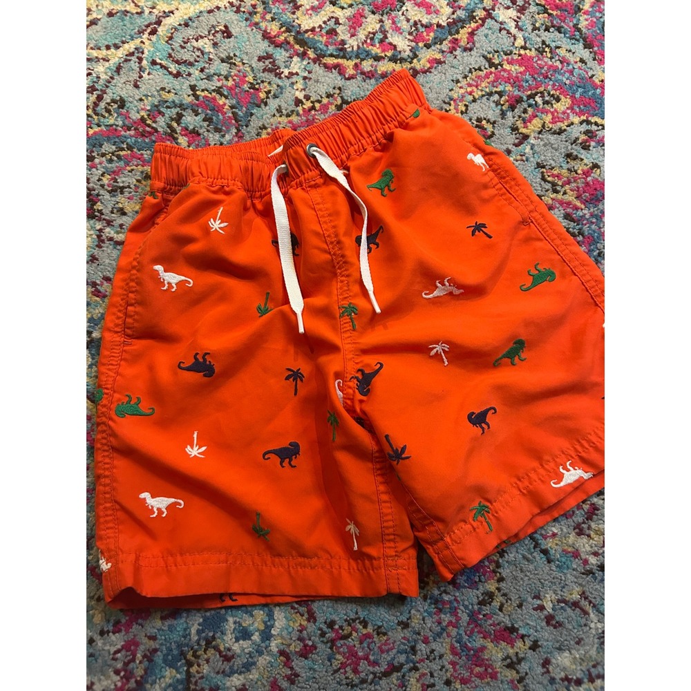 Hanna Andersson Swim Trunks Orange Dinosaur Palm Tree Embroidered Boys Shorts 5